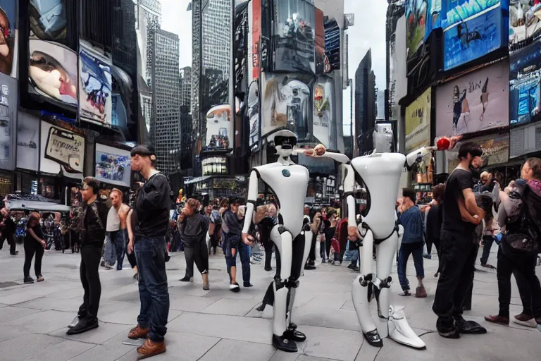 Image similar to cinematography sleek humanoid robot clones helping people in time squares by Emmanuel Lubezki