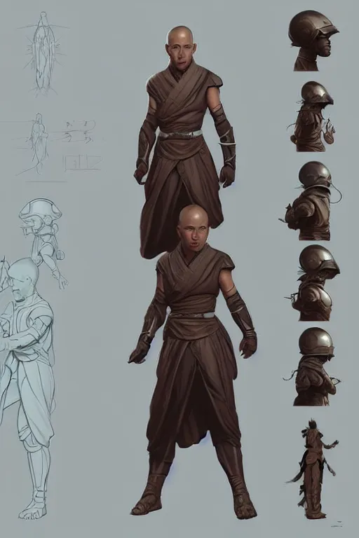 Image similar to character sheet for a scifi monk with helmet, tai chi, martial arts robe, intricate digital painting artstation concept art smooth sharp focus illustration, art by artgerm and paul chadeisson and greg rutkowski and alphonse mucha, octane, 3 d render