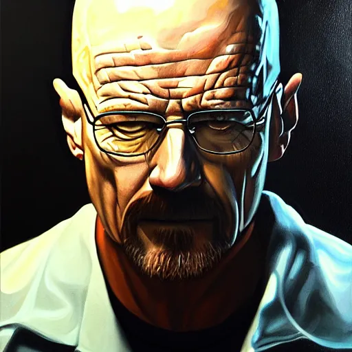 Prompt: oil painting of walter white, dramatic lighting, trending on artstation