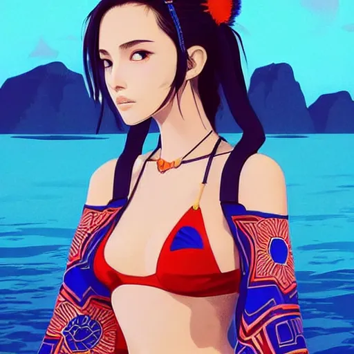 Image similar to a beautiful young japanese natalie portman alluring gravure model, stylized concept art, wearing elegant designer bomber jacket and one piece bikini, bomber jacket with mesoamerican patterns, mesoamerican native street fashion, princess mononoke, painted by ilya kuvshinov aesthetic, gorgeous, stunning, alluring, attractive, artstation, pinterest, digital art