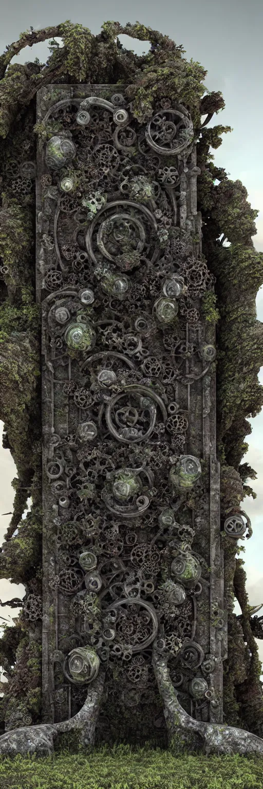 Image similar to ruined ancient lichen covered monument surrounded by biomechanical creatures,solarpunk , ultra realistic, hyper detailed, 8k, octane render