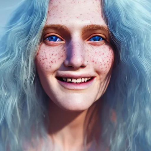 Prompt: beautiful hyperreal photo of a cute woman smiling softly, long white hair and bangs, a few cute freckles on cheeks and nose, blue eyes, very detailed face, by irakli nadar and juan francisco casas, golden hour, soft focus, 8 k, portra 4 0 0