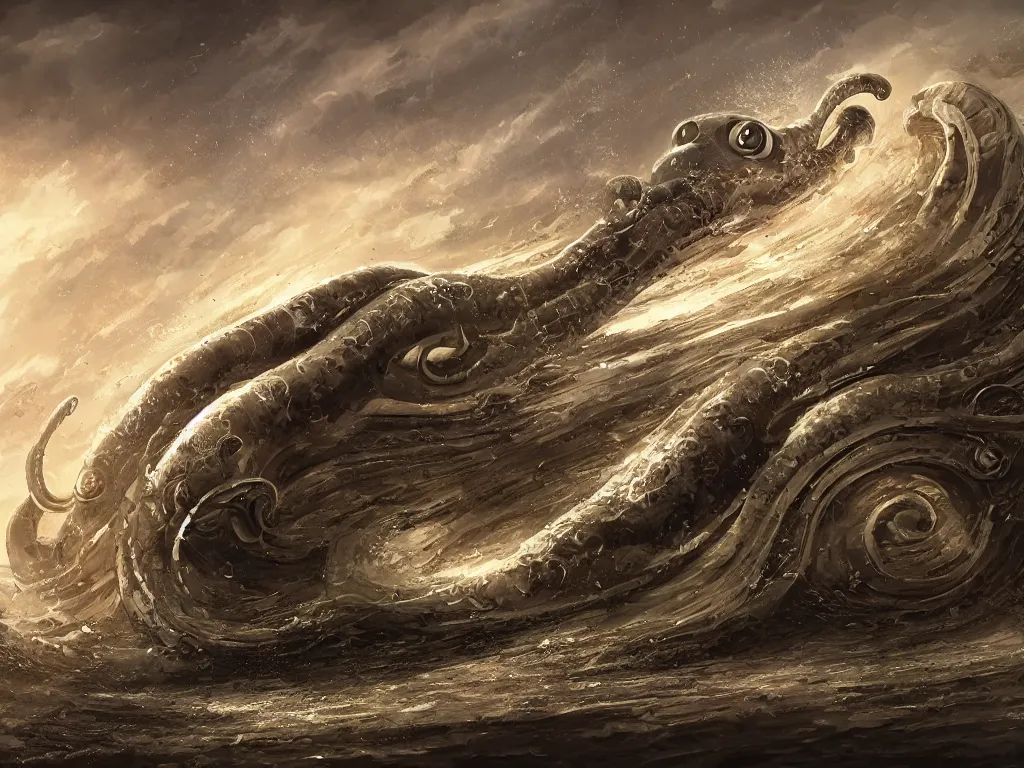 Image similar to a huge cephalopod rolling down the hill, digital painting, trending on artstation, deviantart, 8k, epic composition, intrinsic details, perfect coherence