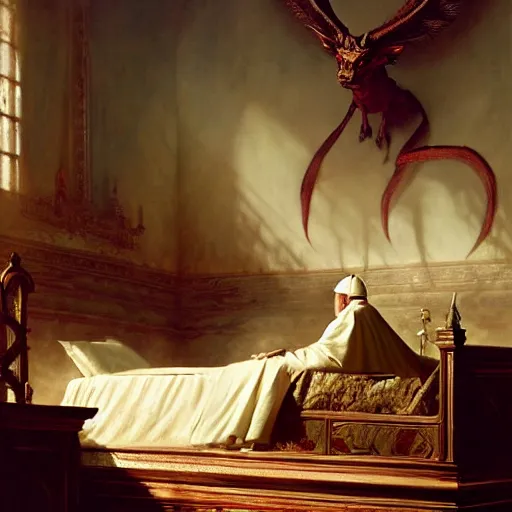 Image similar to the catholic pope in his bed, scared, because a horned demon is attacking the pope. highly detailed painting by gaston bussiere, greg rutkowski, craig mullins 8 k