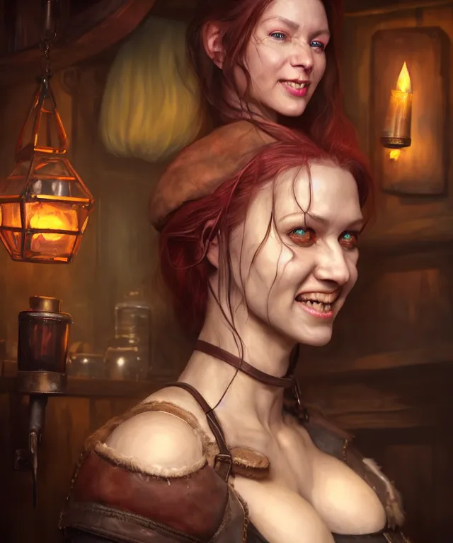 Image similar to hyperrealistic mixed media painting of a beautiful smiling charismatic female rogue, dimly lit cozy tavern, leather tunic, confident relaxed pose, d&d, stunning 3d render inspired art by Gerlad Brom and Anna Dittmann + perfect facial symmetry + dim volumetric lighting, 8k octane beautifully detailed render, post-processing, extremely hyperdetailed, intricate, epic composition, grim yet sparkling atmosphere, cinematic lighting + masterpiece, trending on artstation, very very detailed, masterpiece, stunning