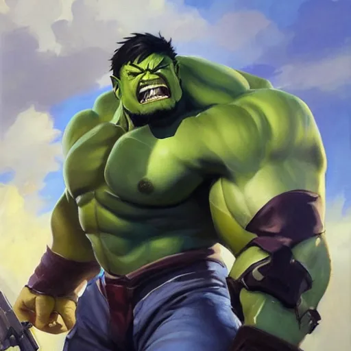 Image similar to greg manchess portrait painting of armed mega shonen hulk as overwatch character, medium shot, asymmetrical, profile picture, organic painting, sunny day, matte painting, bold shapes, hard edges, street art, trending on artstation, by huang guangjian and gil elvgren and sachin teng