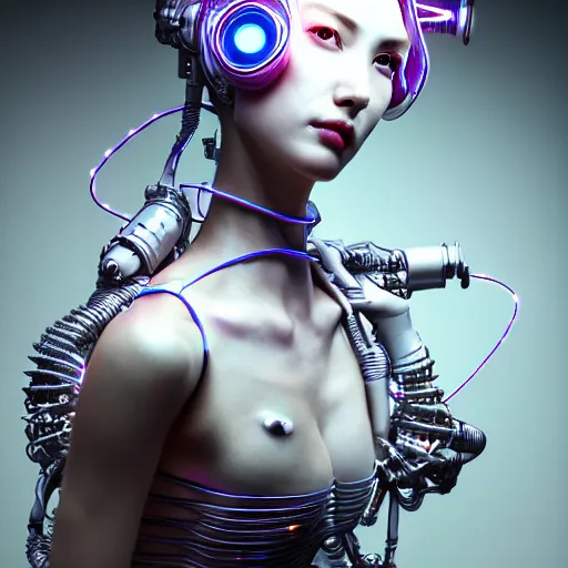 Image similar to the portrait of an absurdly beautiful, graceful, sophisticated, fashionable cyberpunk gynoid gravure idol, an ultrafine hyperdetailed illustration by kim jung gi, irakli nadar, intricate linework, iridescent wiring, porcelain skin, unreal engine 5 highly rendered, global illumination, radiant light, detailed and intricate environment