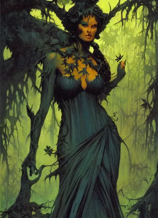 Image similar to mighty fey queen, vine dress, glowing forest, strong line, eerie color, beautiful! coherent! by frank frazetta, by brom