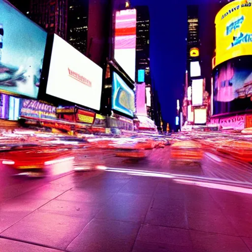 Image similar to a vivid photo of a unicorn galloping through times square in the 8 0 s, there are cars, long exposure