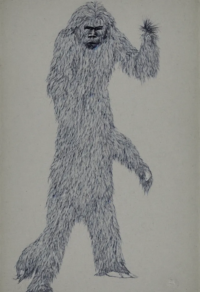 Prompt: inuit painting of one yeti standing on the tundra