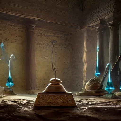 Image similar to fantasy movie scene greg rutkowski digital painting of an ornate and royal egyptian antechamber tomb with a close - up of an old twisted wooden staff weapon with a blue crystal at it's tip laying on a stone altar, unreal engine, hyper realism, realistic shading, cinematic composition, blender render, octane render, hdr, detailed textures, photorealistic, 3 5 mm film