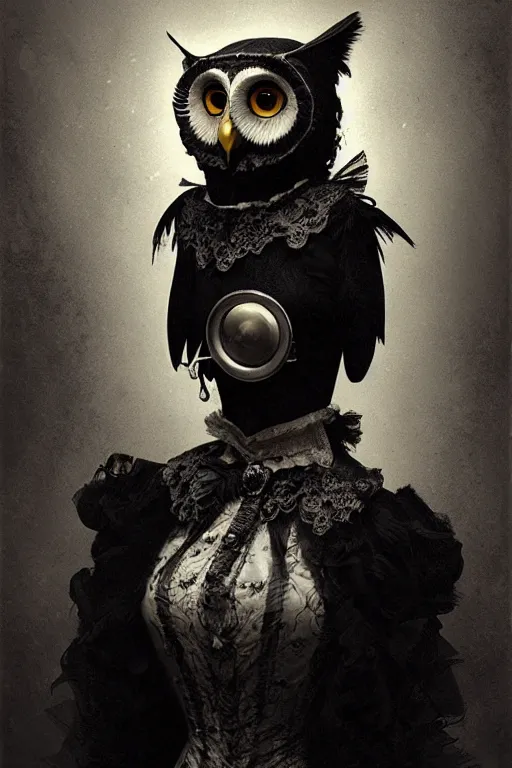 Image similar to wet plate photograph of an anthropomorphic owl dressed in a victorian - era ballgown, dramatic lighting, highly detailed, digital painting, artstation, concept art, smooth, sharp focus, illustration, art by wlop, mars ravelo and greg rutkowski