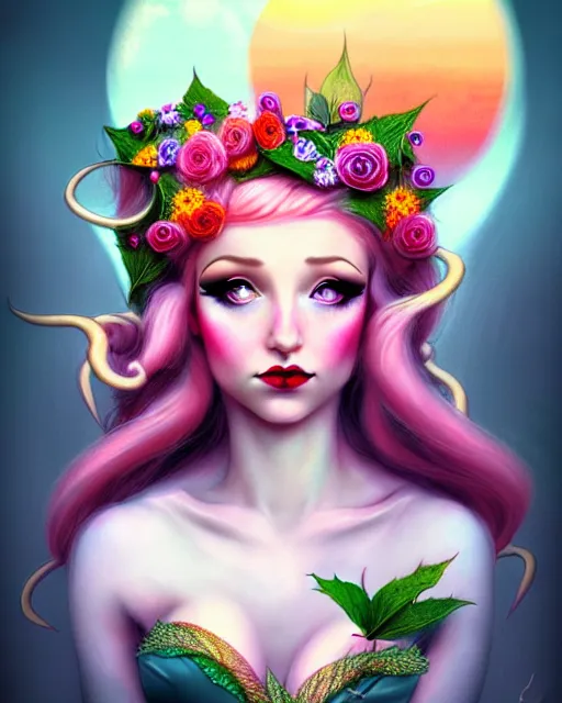 Prompt: burlesque elf, flowers in hair, fantasy character portrait, soft clouds, floral sunset, ultra realistic, concept art, intricate details, art nouveau, cinematic, highly detailed