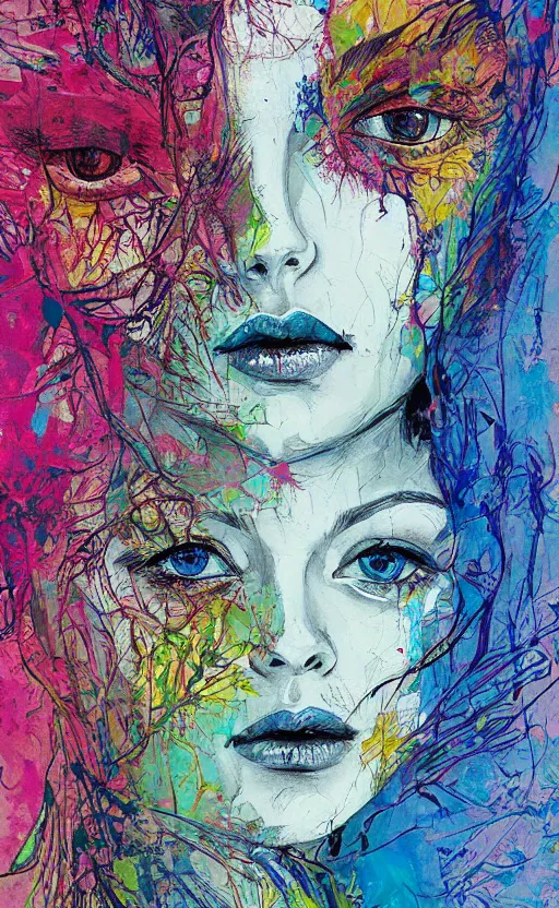 Prompt: illustration, gouache impasto of human face, blossoms, intricate, by carne griffiths