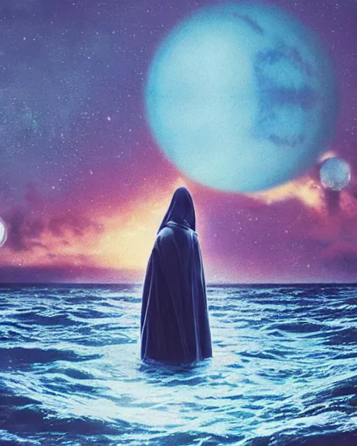 Image similar to a person wearing a white cloak standing in the water. a large planet is overhead. an album cover by stanley twardowicz, trending on cg society, retrofuturism, retrowave, chillwave, synthwave