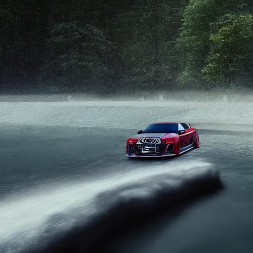 Image similar to audi 5 rs sportback jumping over river, cinematic, cinematic lighting, trending on Artstation, Cgsociety, detailed, 4k, very realistic