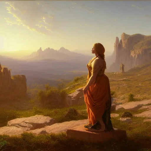 Prompt: an ultradetailed matte landscape painting of mountain sized sculpture of a beautiful and elegant woman, sunrise on the horizon in the background, stone hand raised up, 8 k, art by greg rutkowski and albert bierstadt