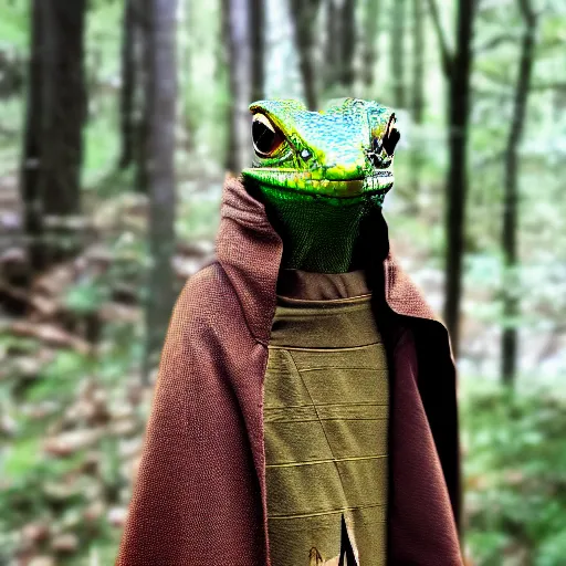 Image similar to medieval cloak wearing anthro lizard, photograph captured in the woods