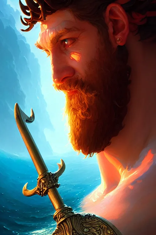 Image similar to highly detailed close up portrait of god poseidon holding trident, stephen bliss, unreal engine, fantasy art by greg rutkowski, rhads, ferdinand knab, makoto shinkai and lois van baarle, ilya kuvshinov, rossdraws, tom bagshaw, global illumination, radiant light, detailed and intricate environment