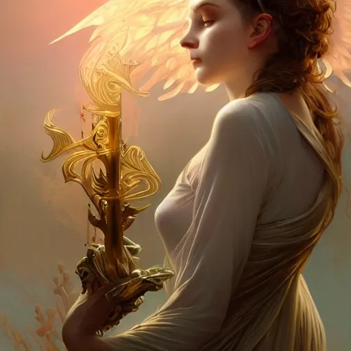 Image similar to Beautiful angel, fantasy magic, dramatic lighting, golden hour, close to night, intricate, elegant, sharp focus, illustration, highly detailed, digital painting, concept art, matte, art by WLOP and Artgerm and Greg Rutkowski and Alphonse Mucha, masterpiece