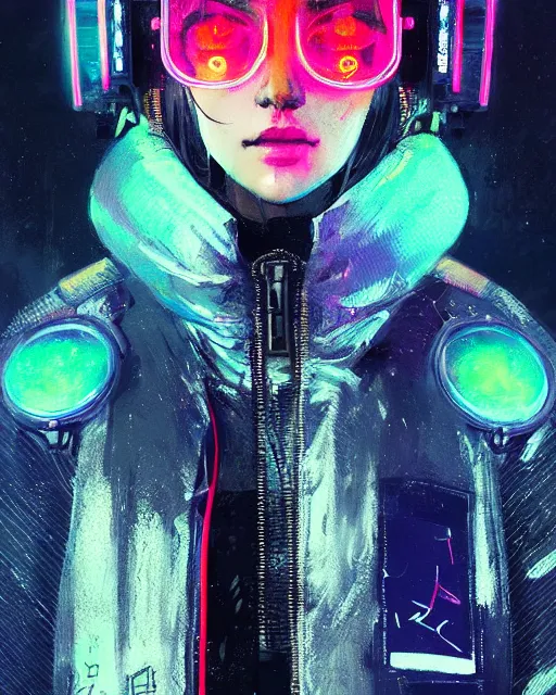 Image similar to detailed portrait Neon Operator Girl, cyberpunk futuristic neon, reflective puffy coat, decorated with traditional Japanese ornaments by Ismail inceoglu dragan bibin hans thoma greg rutkowski Alexandros Pyromallis Nekro Rene Maritte Illustrated, Perfect face, fine details, realistic shaded, fine-face, pretty face