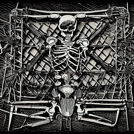 Prompt: tarot card style skeleton made from metal and wires, extremely detailed, line work, black and green, parchment, card, tarot, manuscript, 8 k