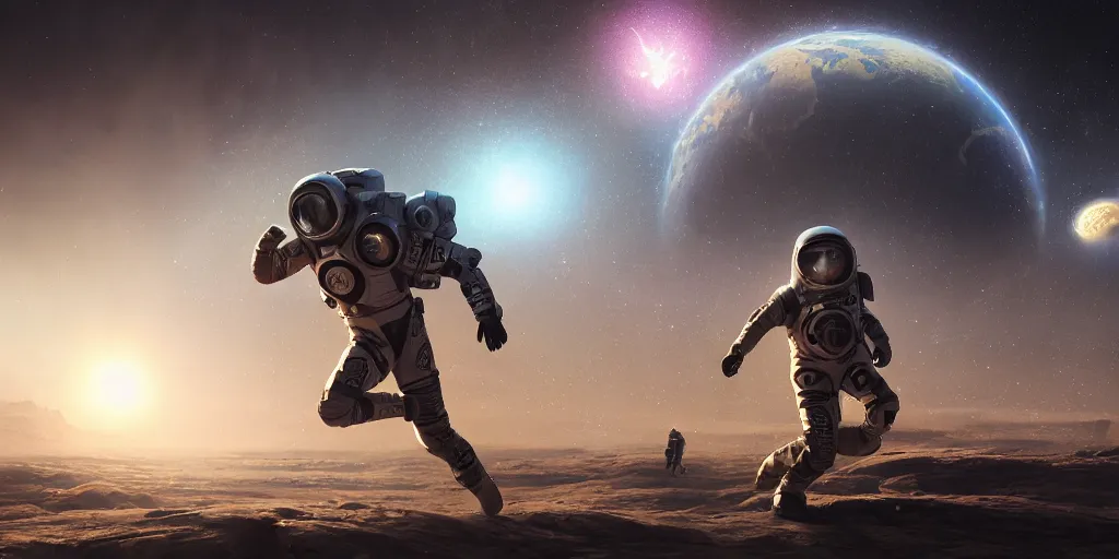 Image similar to a man in a space suit running in a alien planet with a planet and a galaxy appearing in the sky, digital art, greg rutkowski, concept art, octane render, unreal engine 5, trending on artstation, high quality, highly detailed, 8 k, soft lighting, path traced, digital painting, masterpiece, anatomically correct, realistic, high coherence