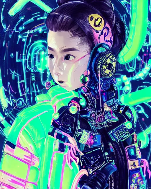 Image similar to detailed portrait Neon Operator Girl, cyberpunk futuristic neon, reflective puffer jacket, black leggings, decorated with traditional Japanese ornaments by Ismail inceoglu dragan bibin hans thoma !dream detailed portrait Neon Operator Girl, cyberpunk futuristic neon, reflective puffy coat, decorated with traditional Japanese ornaments by Ismail inceoglu dragan bibin hans thoma greg rutkowski Alexandros Pyromallis Nekro Rene Maritte Illustrated, Perfect face, fine details, realistic shaded, fine-face, pretty face