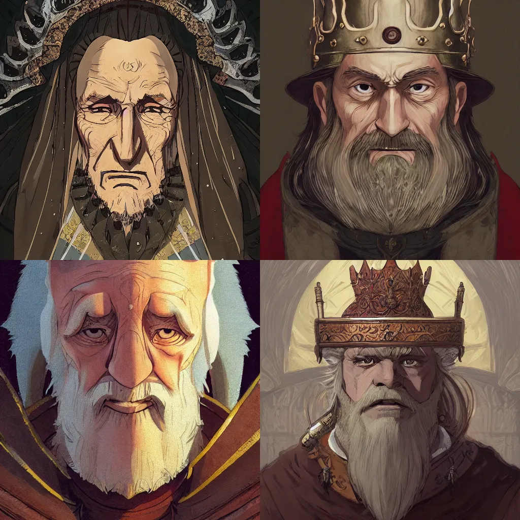 Image similar to portrait of a medieval old king, artstation, cartoon, elegant, highly detailed, digital painting, concept art, smooth, sharp focus, illustration, art by studio ghibli, makoto shinkai, don bluth, fujita goro, jean giraud, atey ghailan, akihiko yoshida, tom whalen, anton fadeev 8 k