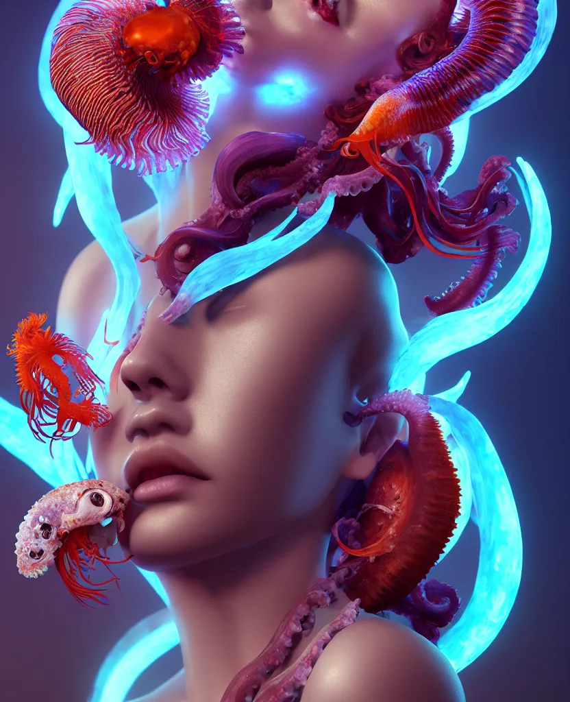 Image similar to goddess close - up portrait, ram skull, squid phoenix jellyfish, orchid, betta fish, bioluminiscent, intricate artwork by tooth wu and wlop and beeple. octane render, trending on artstation, greg rutkowski very coherent symmetrical artwork. cinematic, hyper realism, high detail, octane render, 8 k