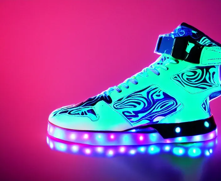 Image similar to generative design sneakers with led skin in the style of cyberdog, product shot, dynamic neon lighting