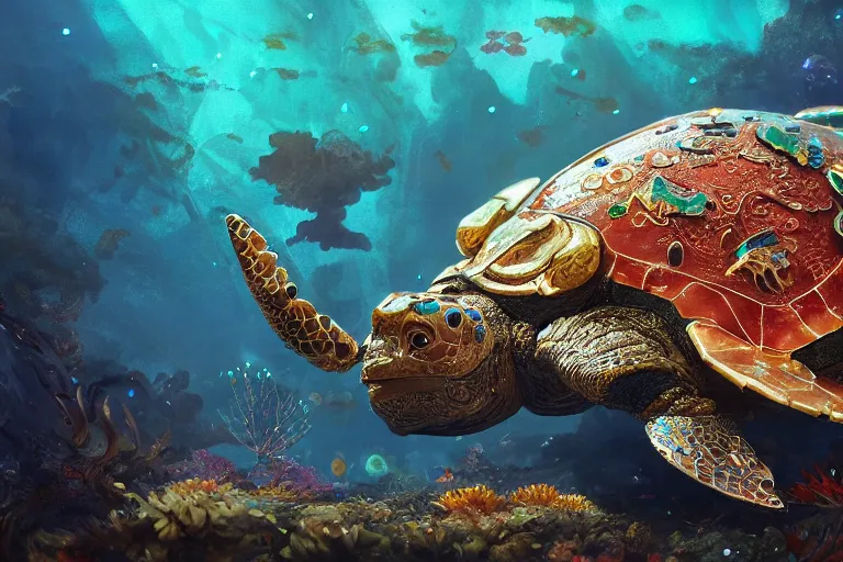 Image similar to beautiful painting of a huge caretta wearing an armour of jewels and golden beetles in ocean coral reef, water bubbles, intricate details, realistic shaded , steampunk, highly detailed, artstation, illustration by Greg Rutkowski and Ruan Jia , octane render, dynamic light, volumetric light, neon lights, cinematic mood