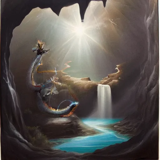 Image similar to oil painting of a dragon flying in the air near a cave with a waterfall in the center, light emanating from the waterfall leading to a big pool of water, dragon has black and white siberian tiger stripes, elegant, sharp focus, wide shot, clear, detailed, early renaissance