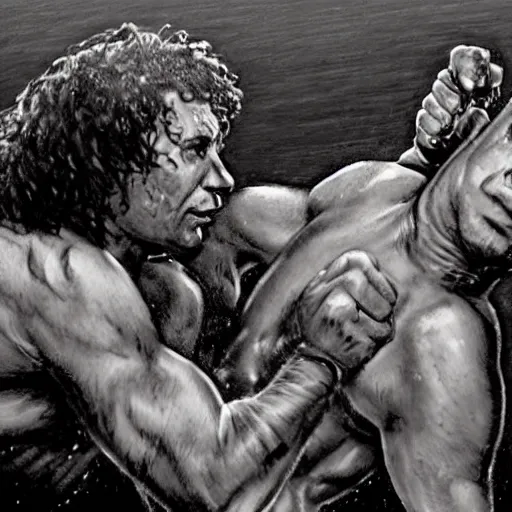 Prompt: Joe Rogan and Howard Stern wrestling, intricate, highly detailed, concept art, smooth, sharp focus