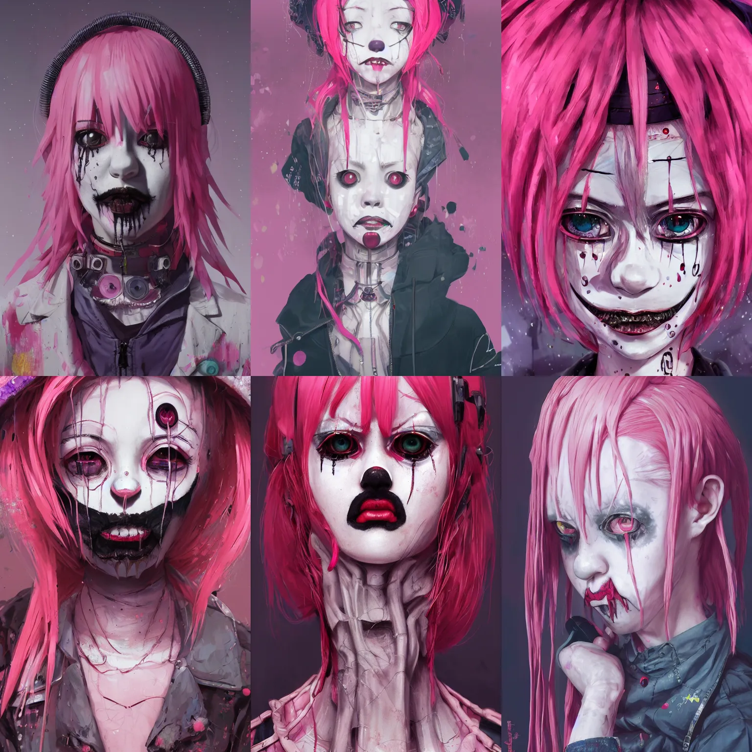 Image similar to by kyoto animation, very creepy clown girl pink hair, tears from the eyes, wearing cyberpunk intricate streetwear, beautiful, detailed portrait, intricate complexity, ilya kuvshinov, cell shaded, 4 k, concept art, by wlop, ilya kuvshinov, greg rutkowski, sharp focus, volumetric lighting, cinematic lighting