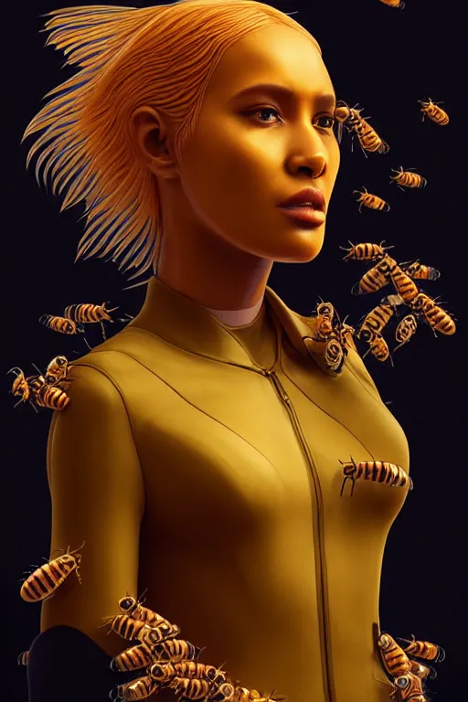 Image similar to 🐝👗👩🏾🦱👾, phantom, dreary, dramatic, fluid, golden ratio, artstation, peter chung + moebius + loish, hd, photorealistic, honeycomb, honey