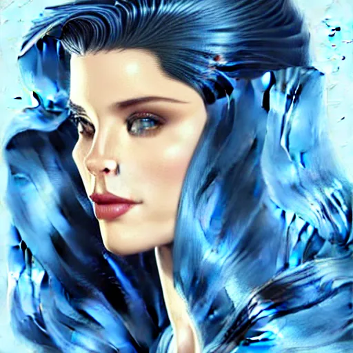 Image similar to Ashley Greene's face combined with Grace Kelly's face with blue hair as Bat Girl, western, D&D, fantasy, intricate, elegant, highly detailed, digital painting, artstation, concept art, matte, sharp focus, illustration, art by Artgerm and Greg Rutkowski and Alphonse Mucha