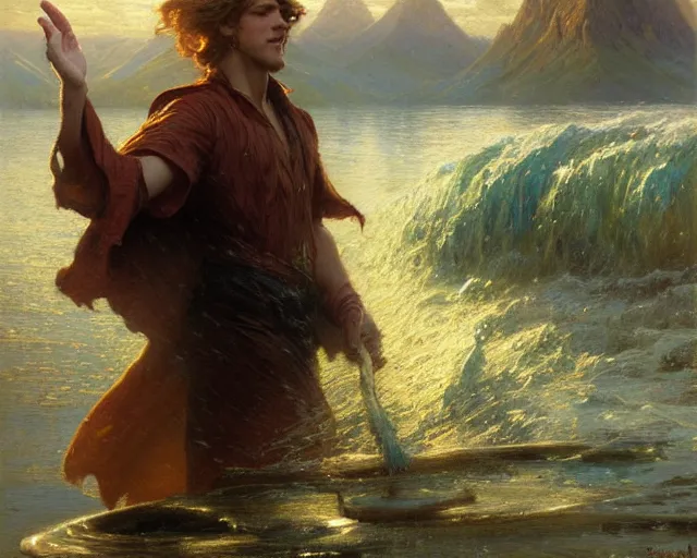 Image similar to attractive male wizard casting powerful tsunami wave water spell in a beautiful lake. highly detailed painting by gaston bussiere, craig mullins, j. c. leyendecker 8 k