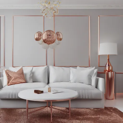 Image similar to 3 d render of white living room with rose gold metallic accents