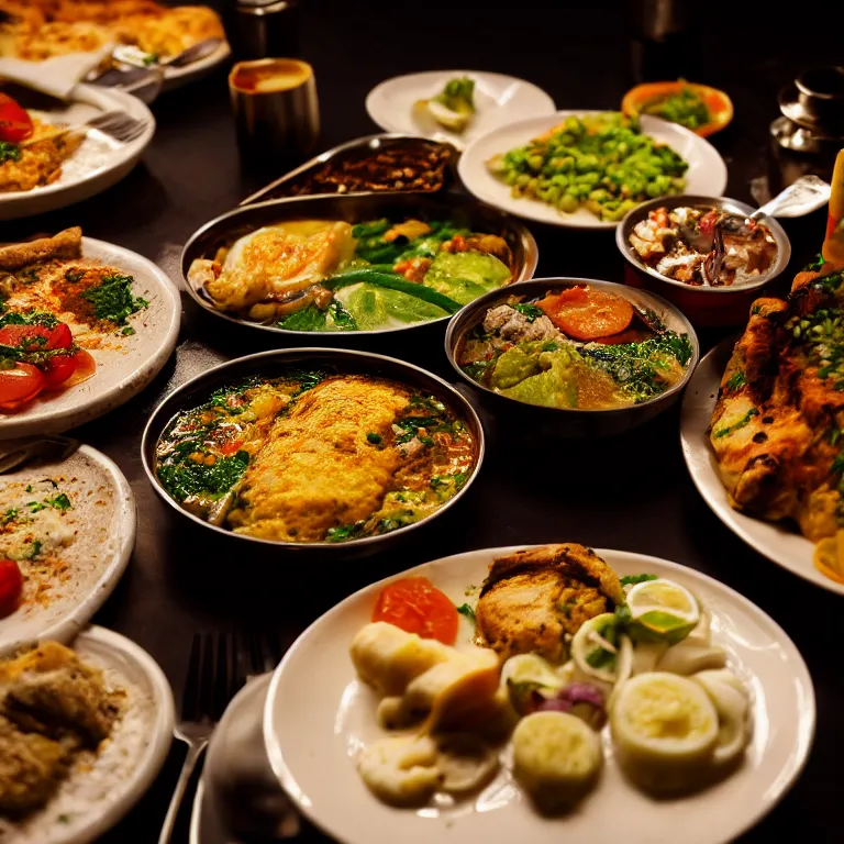 Prompt: close - up focused dslr photograph of an palestinian dinner, 8 k, high detail, volumetric lighting, hyperrealism, aesthetically pleasing, studio lighting, trending