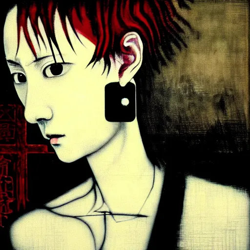 Prompt: yoshitaka amano blurred and dreamy realistic three quarter angle horror portrait of a sinister young woman with short hair, big earrings and black eyes wearing office suit with tie, junji ito abstract patterns in the background, satoshi kon anime, noisy film grain effect, highly detailed, renaissance oil painting, weird portrait angle, blurred lost edges