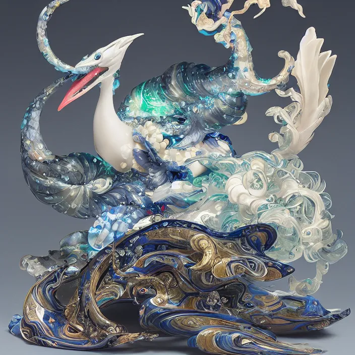 Prompt: plasticine wet shiny angles, crystal, moonlit, mirrors, camera angled dramatically, realistic hyperdetailed design of lugia, japanese mythology ornament, victo nga, fumo yoshitoshi, ren jing jeong, feifei ruan, peter mohrbacher, takato yamamoto