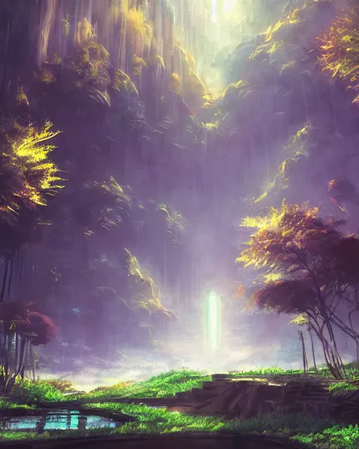 Image similar to scenery artwork, scene beautiful, light!! light essential montreal world montreal and nature vegetation with daylight, surrealism oil on canvas, artstation!! pixiv!! dream scenery, quality astral projection render, nier automata concept art, vaporwave textures