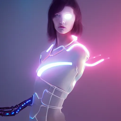 Image similar to white one cast futuristic biomechanic future human, beautiful girl, female, futuristic, neon lights, cyberpunk, 8 k, digital painting, by beeple and makoto shinkai, trending on cg society, glamour pose, fashion photography, high fashion, canon r 3, photorealistic, hyper realisitic