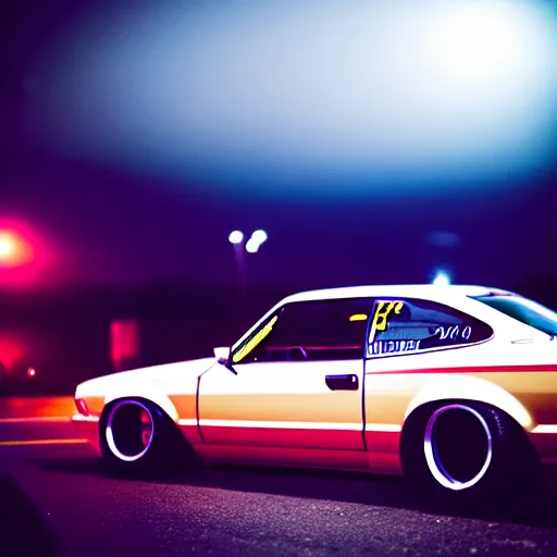 Image similar to a car S30 turbo drift at illegal car meet, Gunma prefecture, midnight mist lights, cinematic color, photorealistic, highly detailed wheels, highly detailed