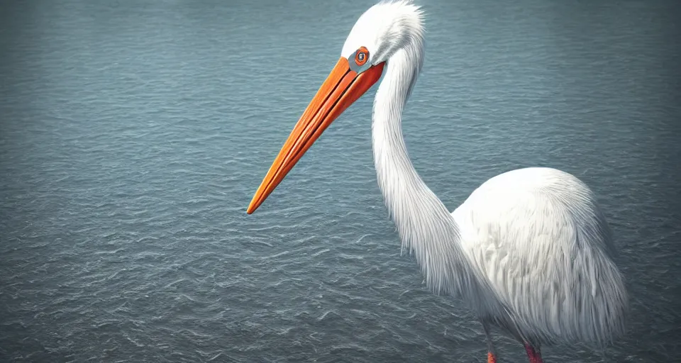 Image similar to A beautiful hyper realistic ultra detailed lifelike matte painting of a stork in a lake, unreal engine, deviantart, flickr, artstation, octane render, textured, colorful, extreme realistic detail, physically based rendering, pbr render, very detailed, volumetric lighting, detailed lighting, octane render, 4k, cinematic lighting, 8k resolution