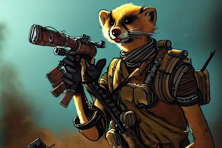 Image similar to a good ol'weasel fursona ( from the furry fandom ), heavily armed and armored facing down armageddon in a dark and gritty version from the makers of mad max : fury road. witness me.