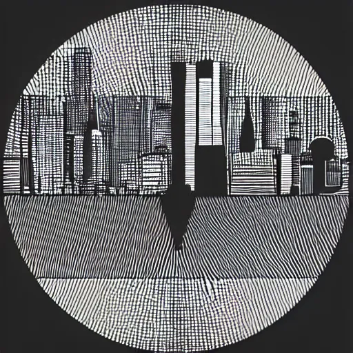 Image similar to a perfect circle where the inside is empty blank space and around the outer edge of the circle is the silhouette of a city skyline, black and white, minimalist, in the style of a line drawing