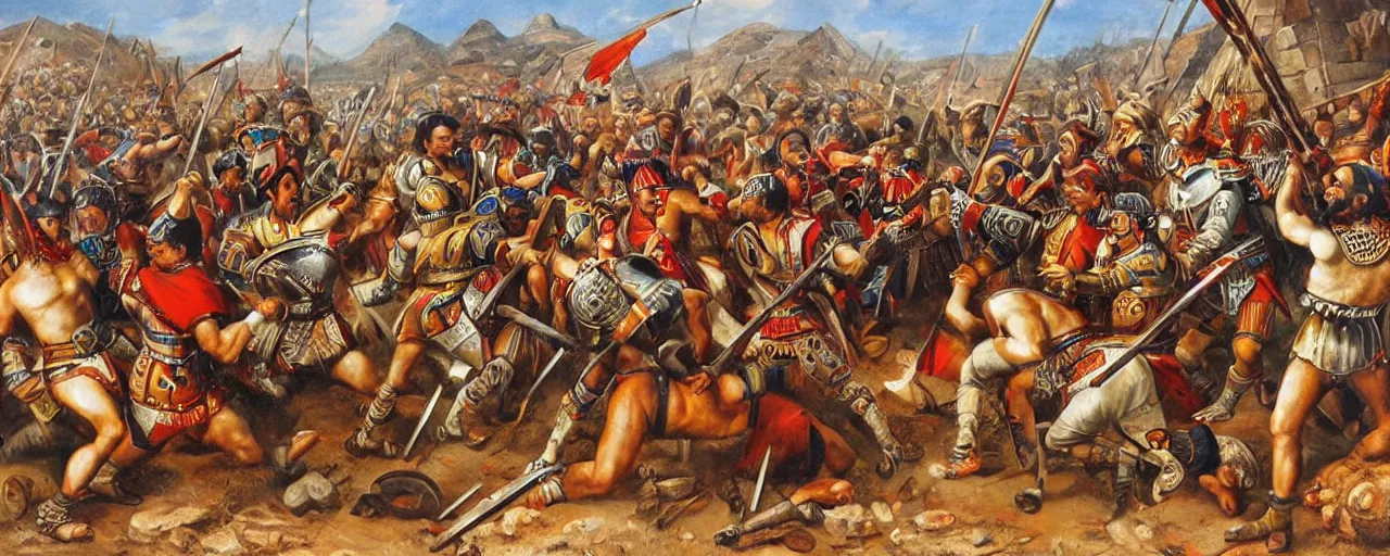 Prompt: spaniards conquerors fighting aztec warriors between the mexican pyramids, daniel lezama painting style, hyperrealistic