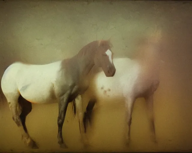 Image similar to a blurry photo of two horses in a field, a cave painting by Richter, deviantart, figurative art, multiple exposure, calotype, genderless